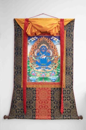 Original Hand-Painted Sakya Mahakala Thangka with Dark Blue Brocade | Tibetan Wall Hanging Decor
